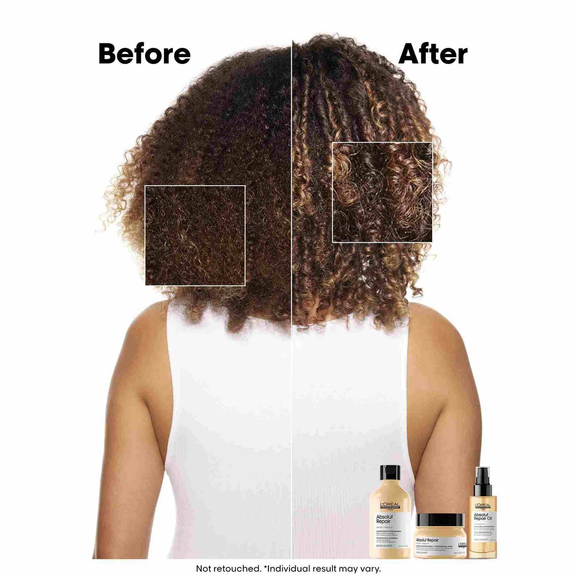 Absolut Repair Oil before vs after for curly hair